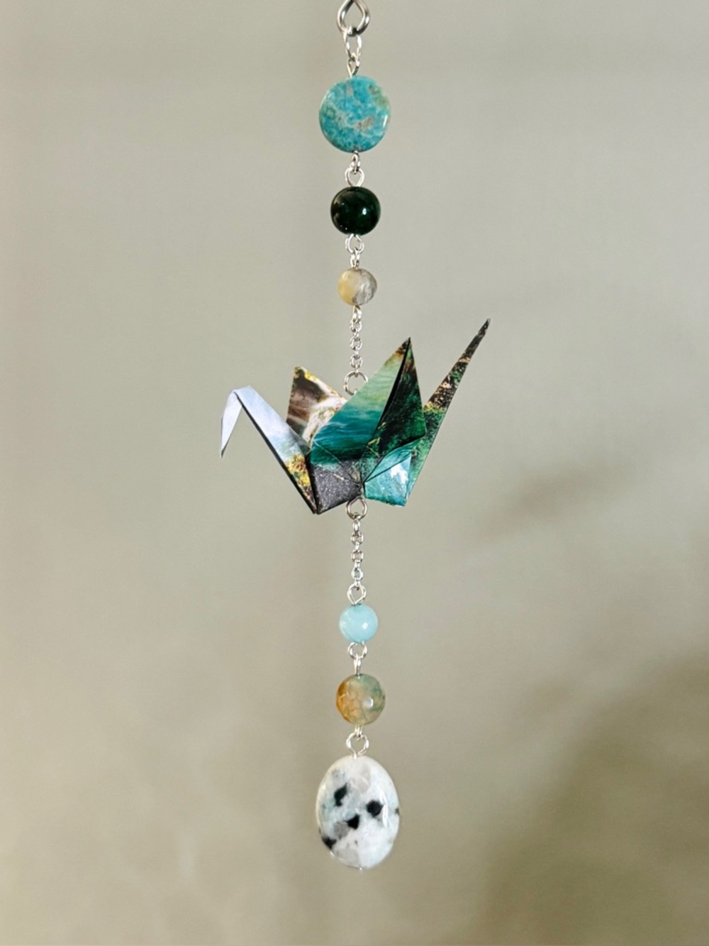 Origami Ornament #2520 - Small Crane with Natural Stone Beads